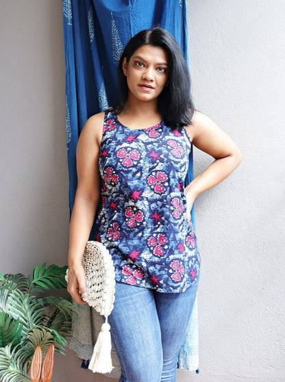 Indigo and Pink Cotton Printed Shell Top