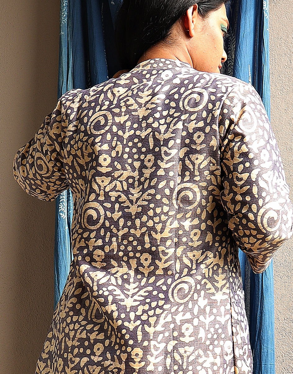 Blue Grey Batik Silk Longline Jacket