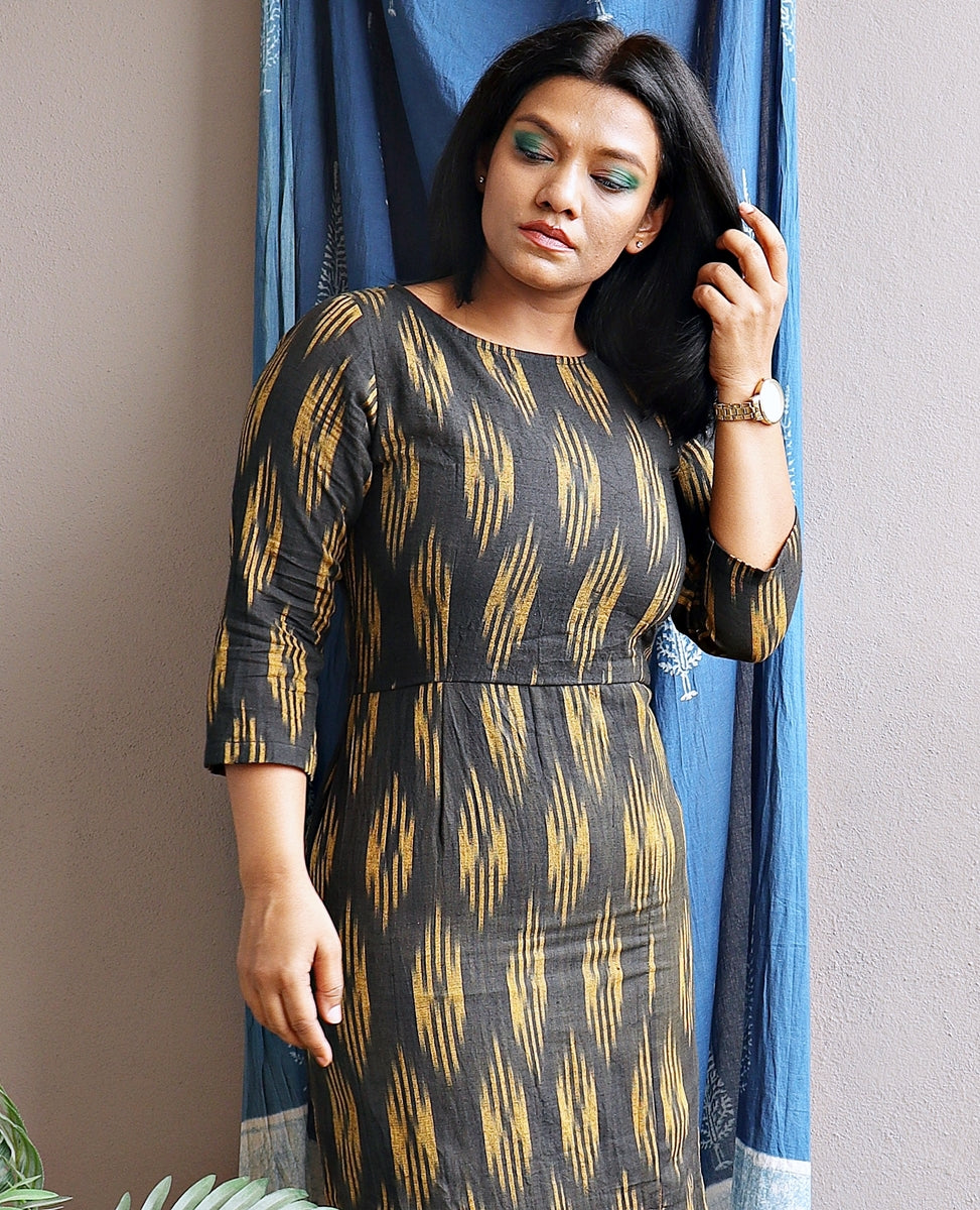 Black and Mustard Handwoven Ikat Sheath Dress with Slit (Black and Gold)