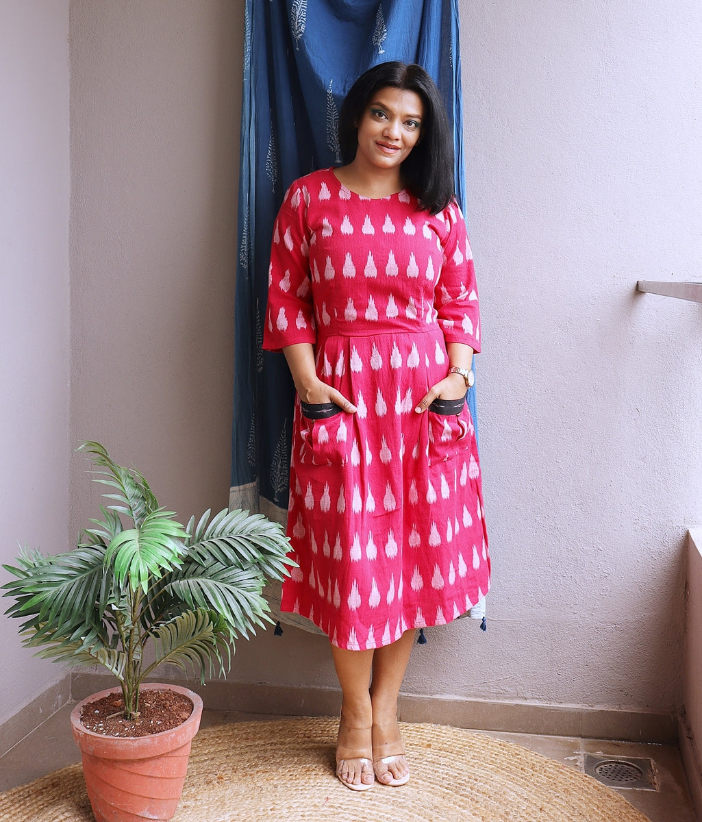 Laal Paakhi Red Handwoven Ikat Cotton Midi Dress