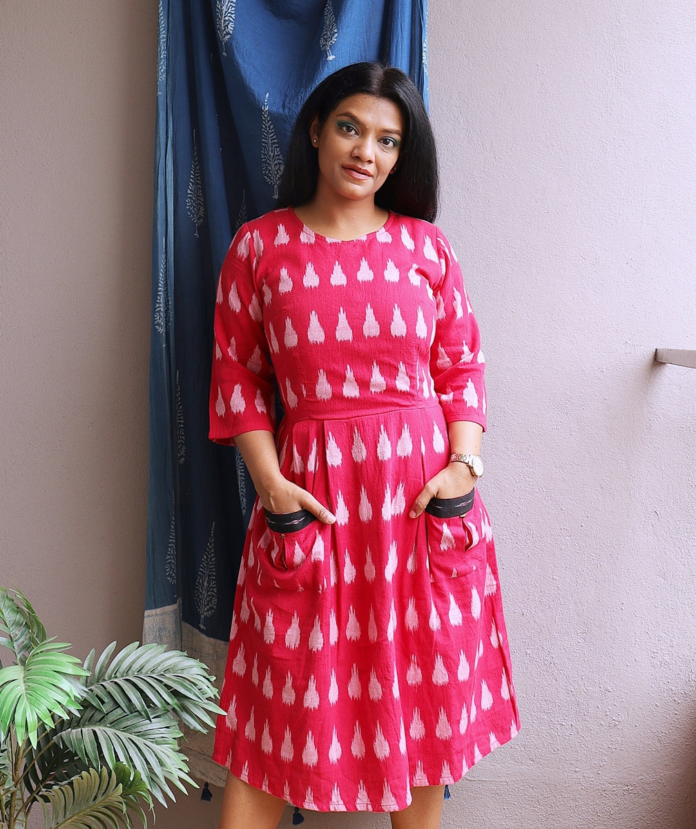 Laal Paakhi Red Handwoven Ikat Cotton Midi Dress