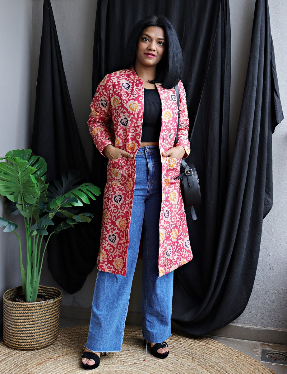 Bright Pink and Blue Batik Silk Longline Jacket