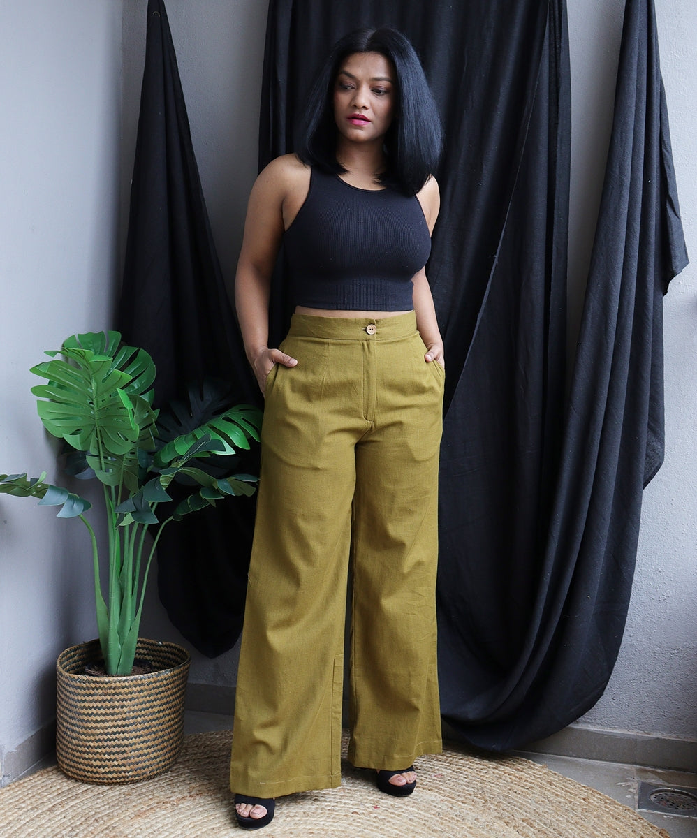 Olive Green Handloom Cotton Wide Leg Pants