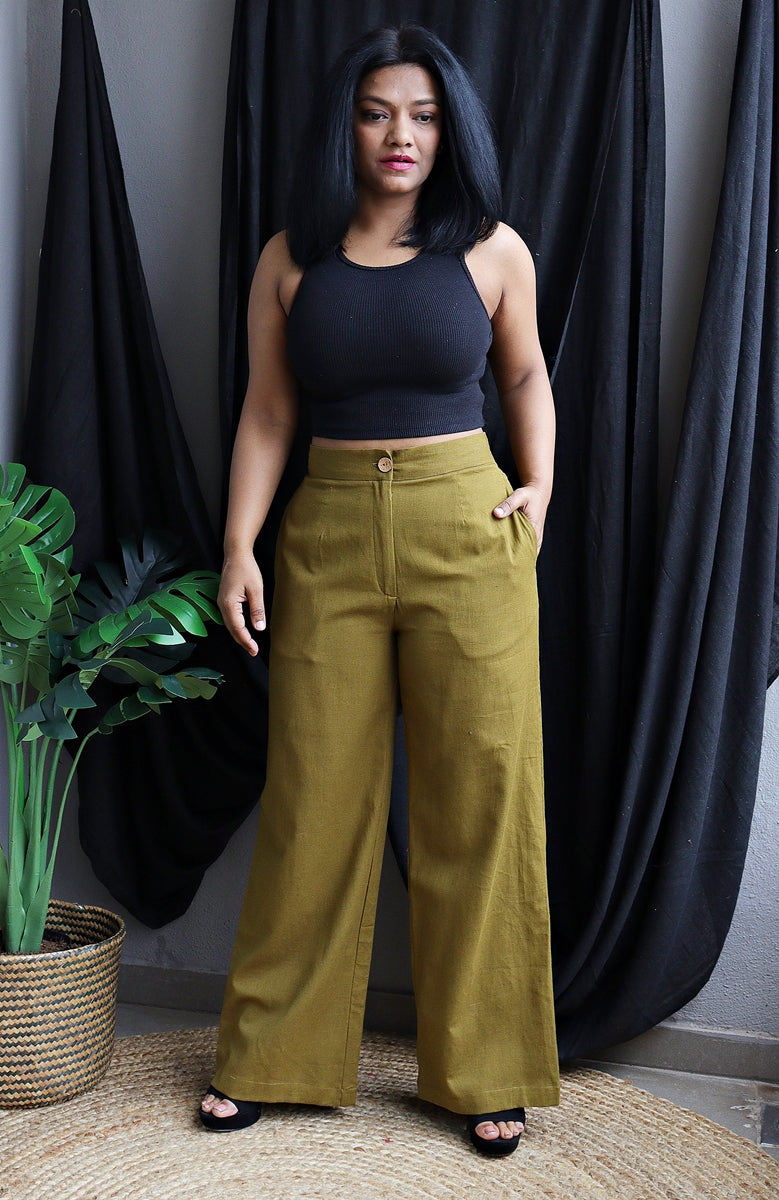 Olive Green Handloom Cotton Wide Leg Pants