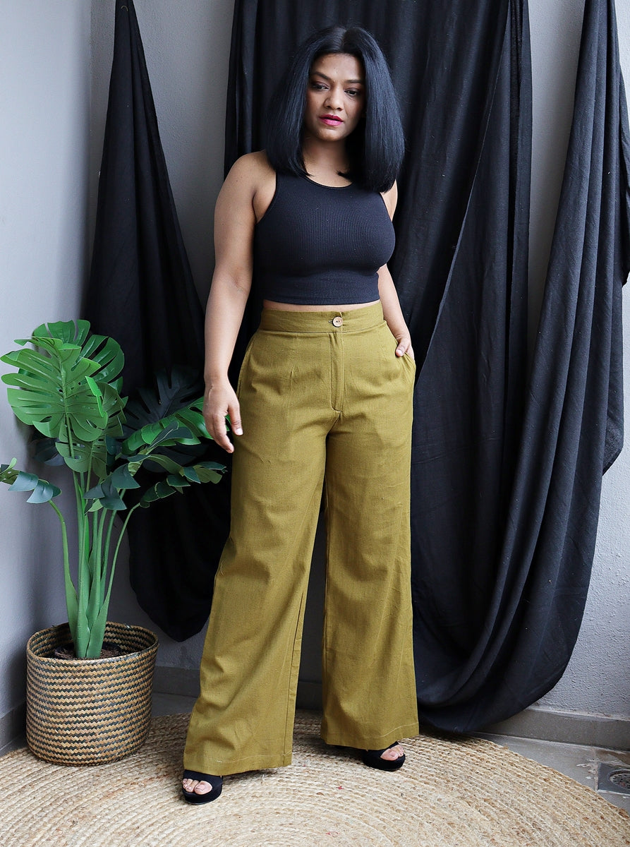 Olive Green Handloom Cotton Wide Leg Pants