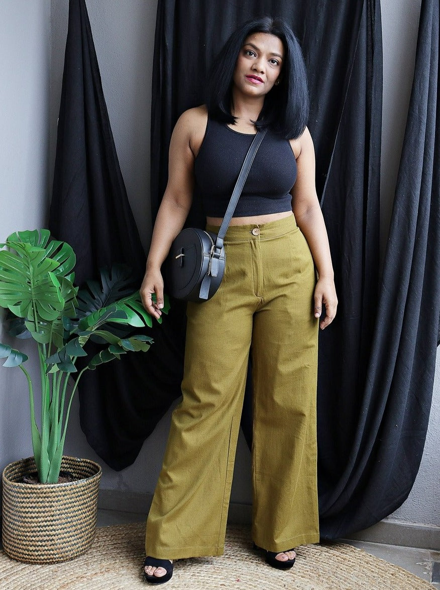 Olive green Handloom Cotton Wide Leg Pants