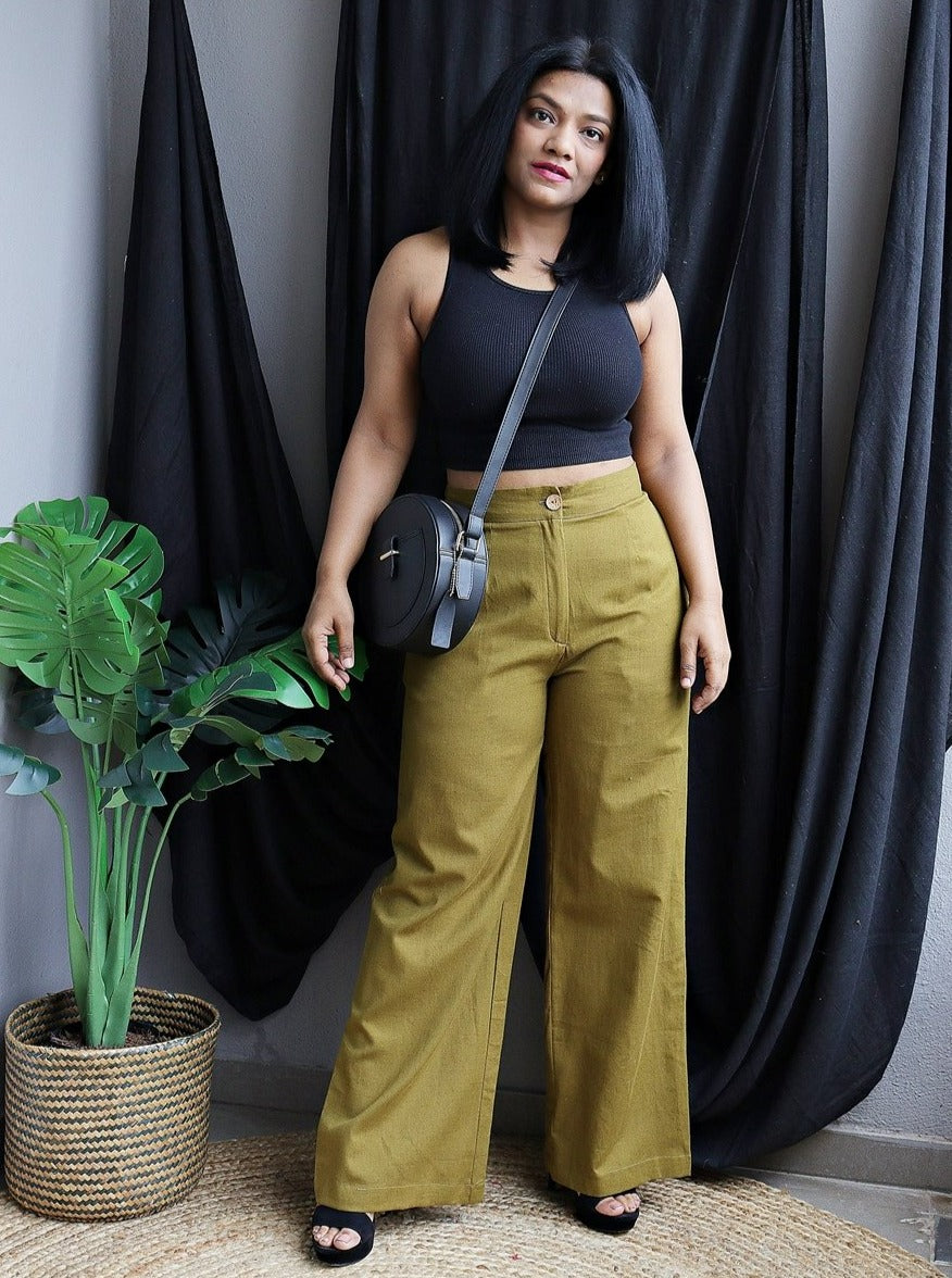 Olive Green Handloom Cotton Wide Leg Pants – Madhurima Bhattacharjee