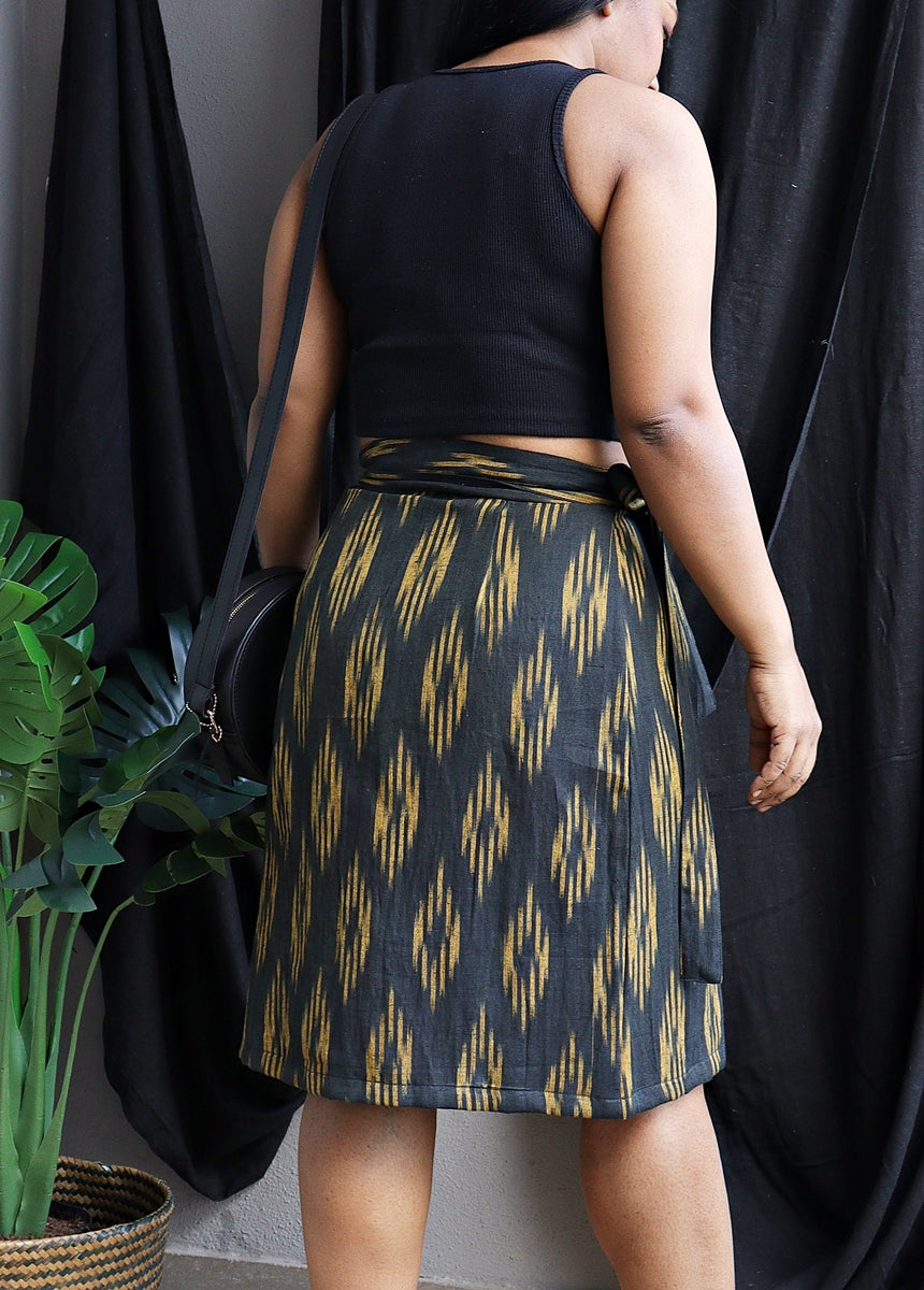 Black and Mustard Handwoven Ikat Cotton Wrap Skirt