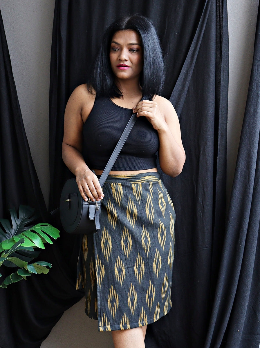 Black and Mustard Handwoven Ikat Cotton Wrap Skirt – Madhurima Bhattacharjee