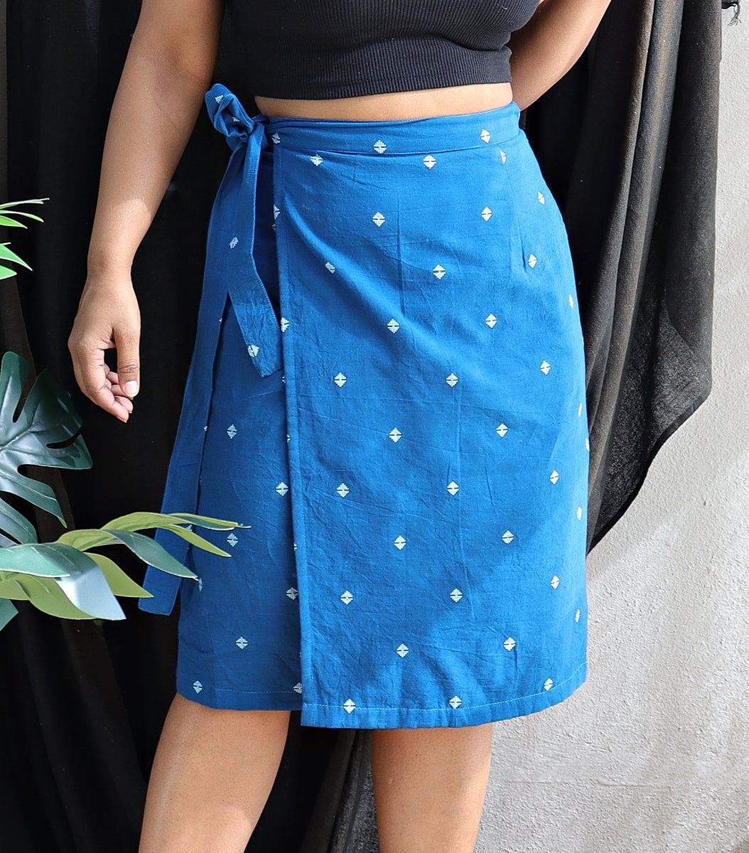 Blue Jamdani Inspired Handwoven Cotton Wrap Skirt (Blue Water)