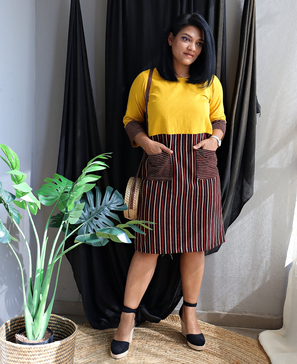 Yellow and Stripped Handloom Cotton Shift Dress (Lines of the Sun)