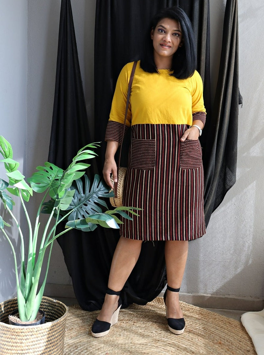 Yellow and Stripped Handloom Cotton Shift Dress (Lines of the Sun)