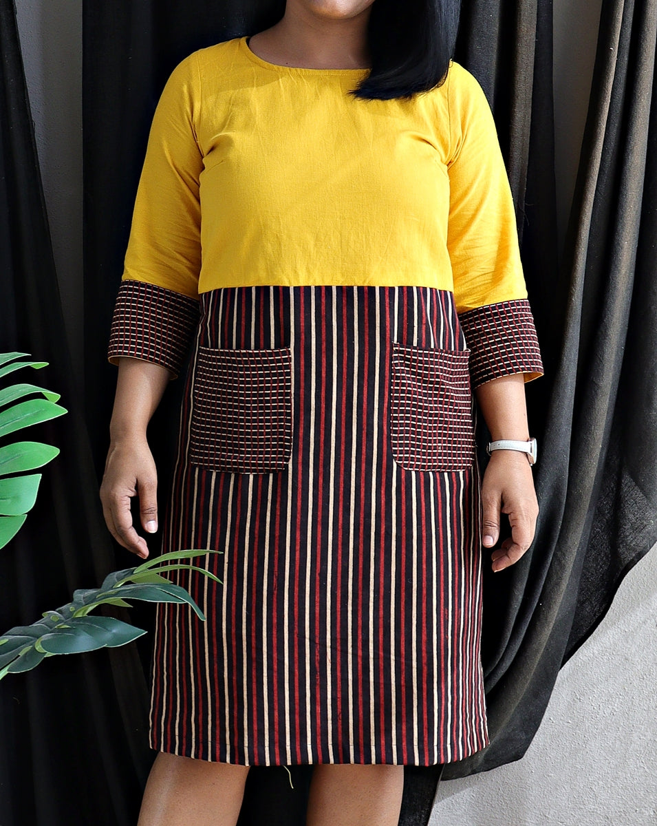 Yellow and Stripped Handloom Cotton Shift Dress (Lines of the Sun)