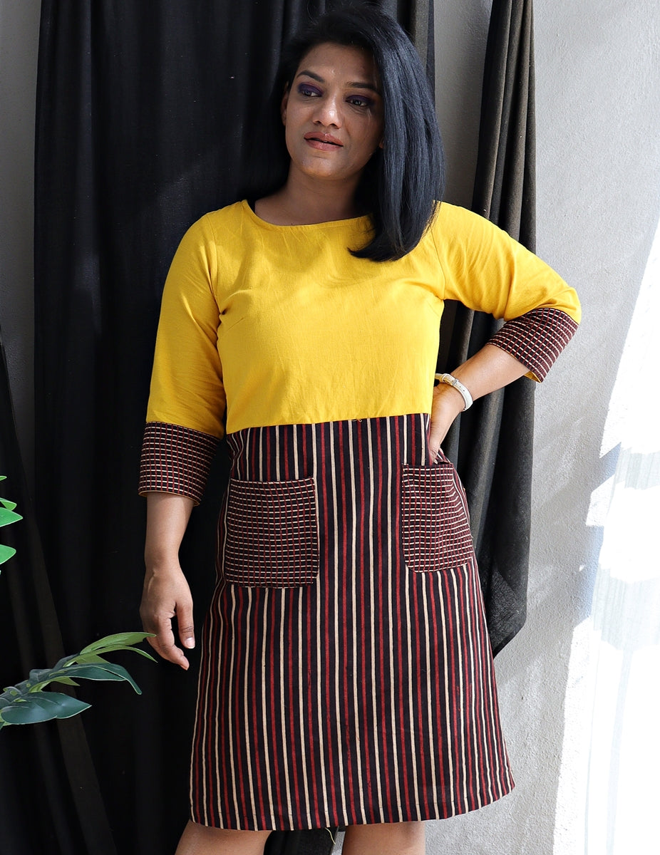 Yellow and Stripped Handloom Cotton Shift Dress (Lines of the Sun)