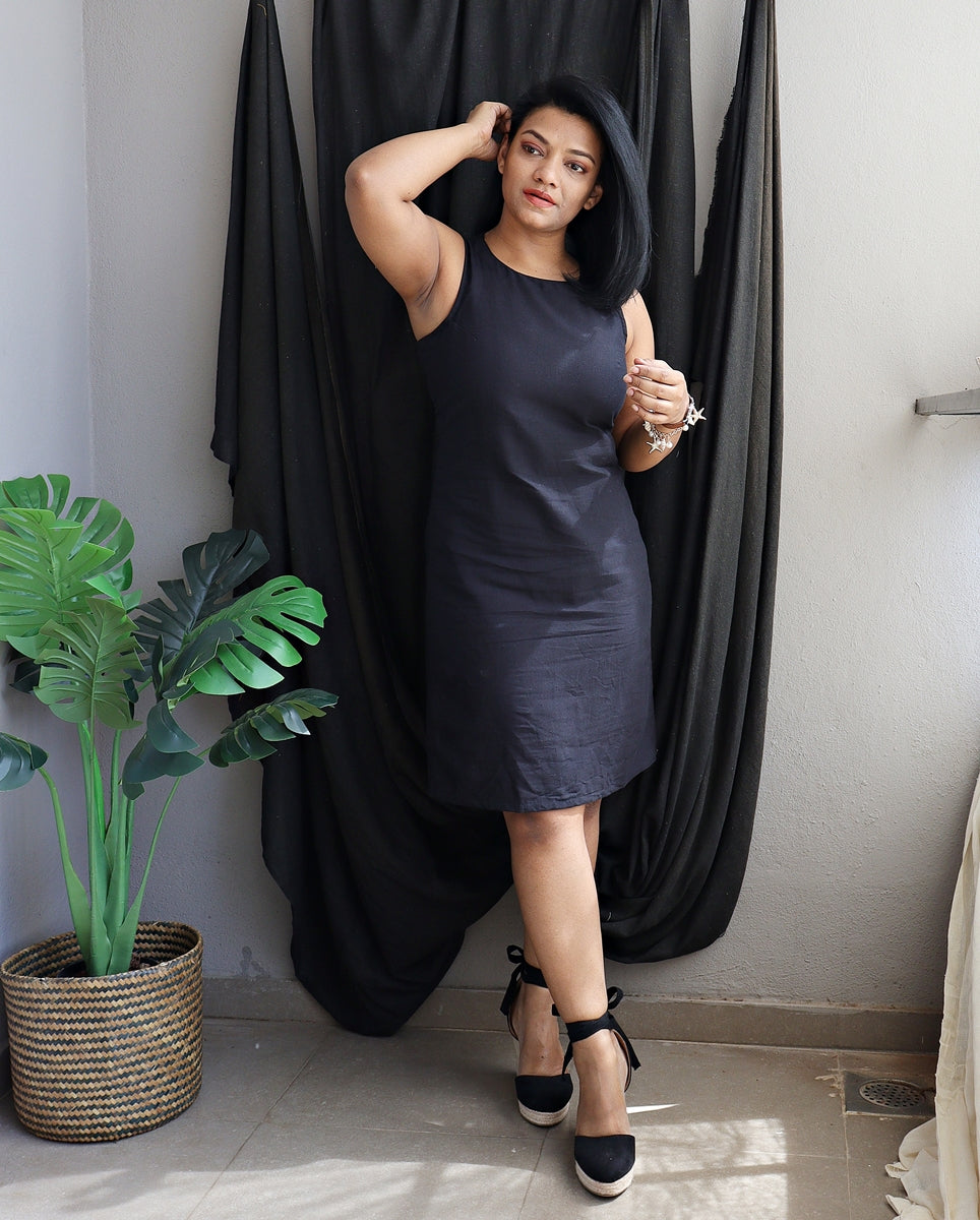 Black Handloom Cotton Shift Dress