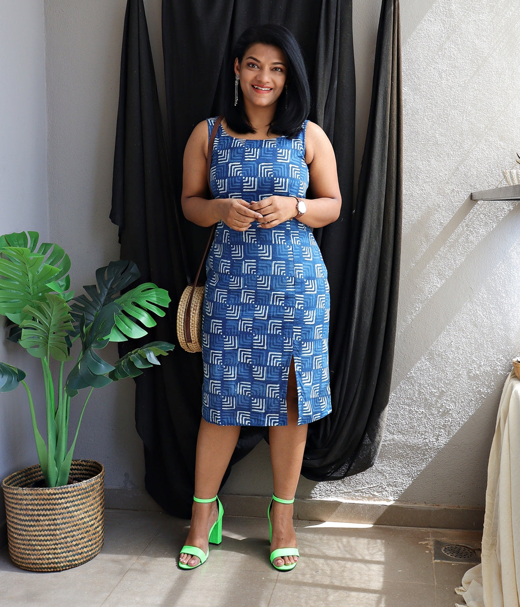 Indigo Hand Block Printed Handloom Cotton Dress with Slit (Neel Desher Taara)