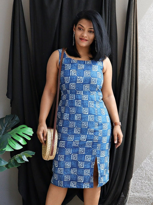 Indigo Hand Block Printed Cotton Dress