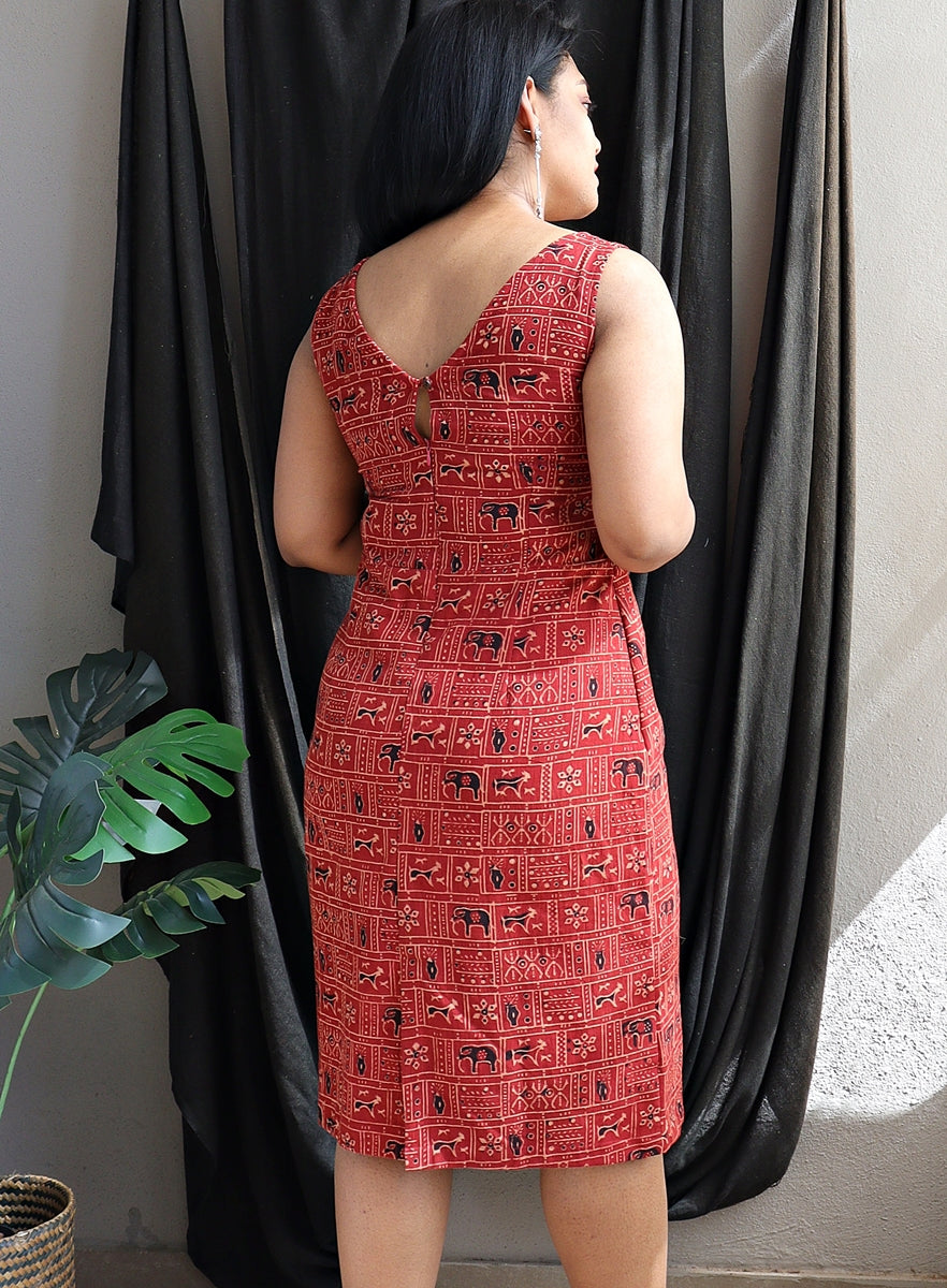 Rust Red Warli Hand Block Printed Handloom Cotton Dress with Slit