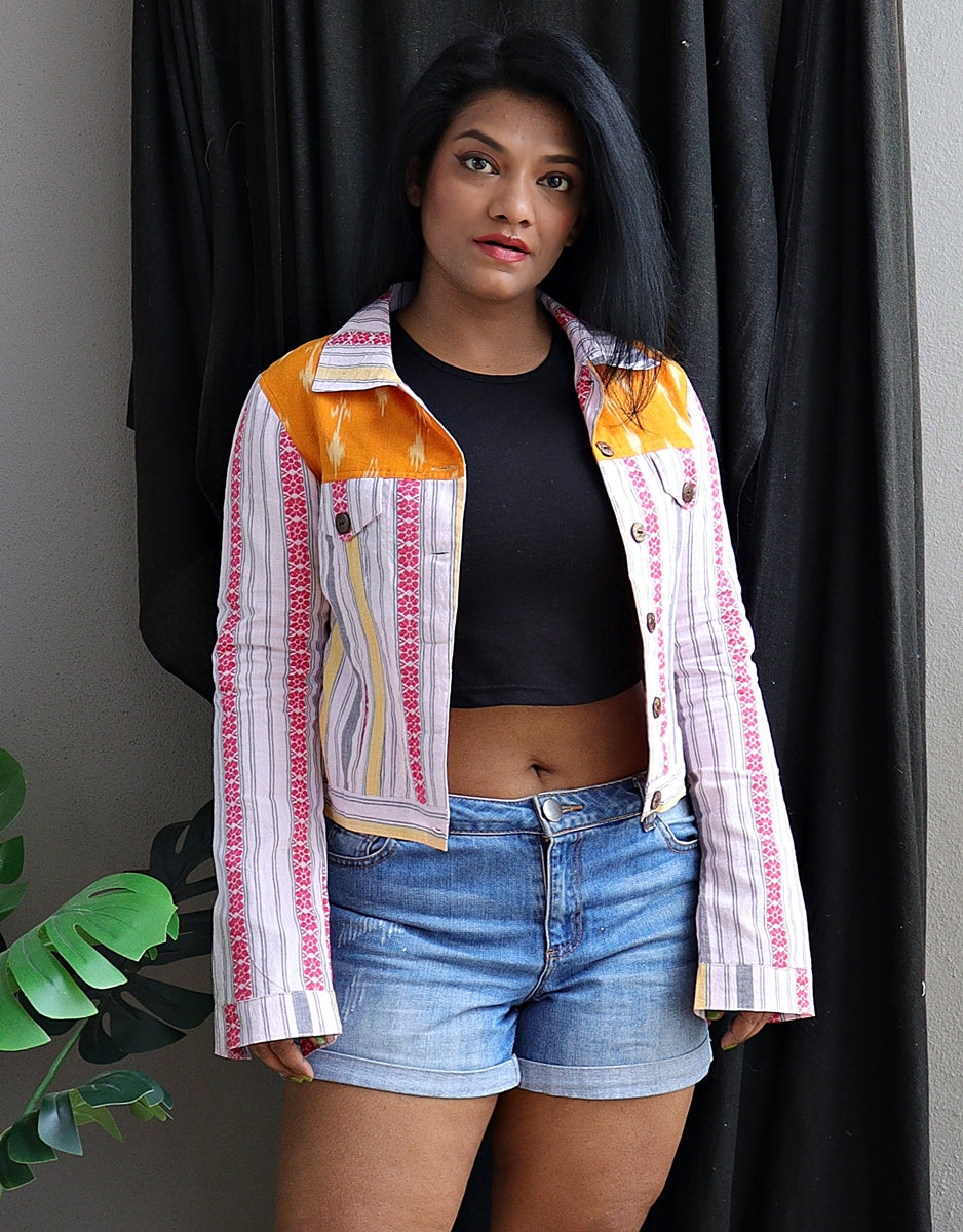 White Stripped Handwoven Cotton Cropped Jacket (Hint of Spring)