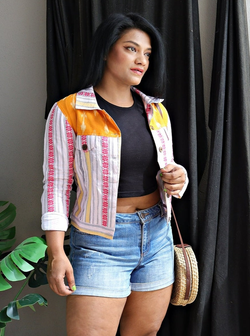 White Stripped Handwoven Cotton Cropped Jacket