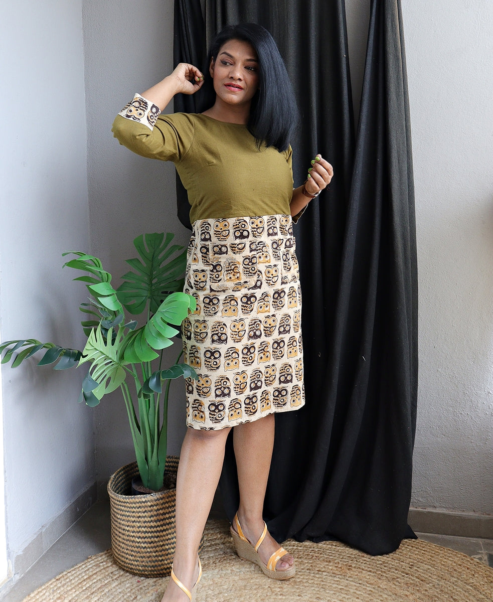 Olive Green and Owl Printed Handloom Cotton Shift Dress (Bella Ciao)