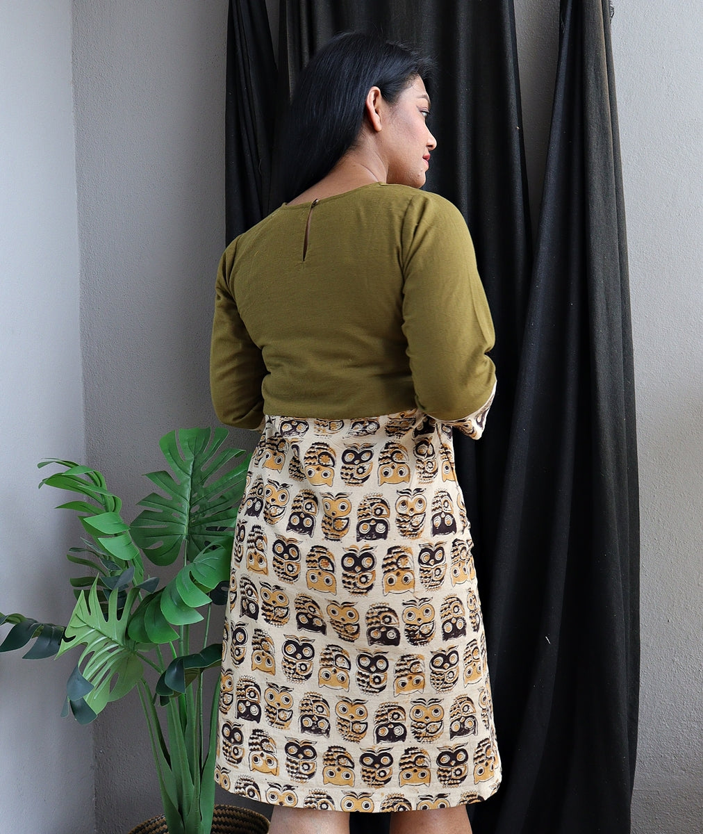 Olive Green and Owl Printed Handloom Cotton Shift Dress (Bella Ciao)