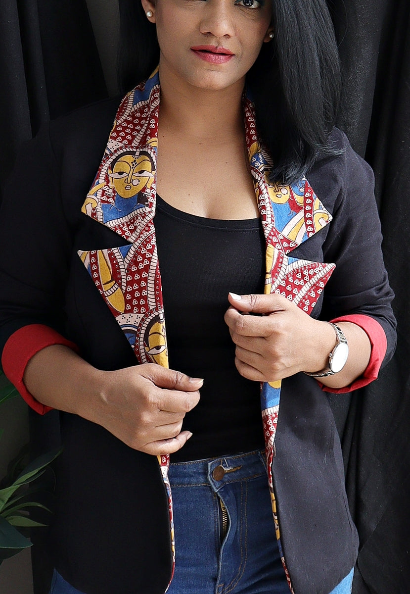 Wait-a-min Black and Red Kalamkari Panel Handloom Cotton Jacket
