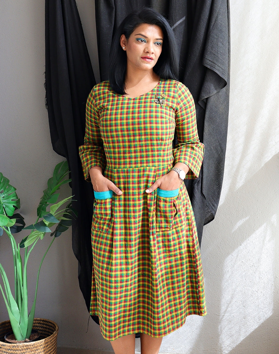 Green Multi Checkered Handloom Cotton Midi Dress with Embroidery –  Madhurima Bhattacharjee