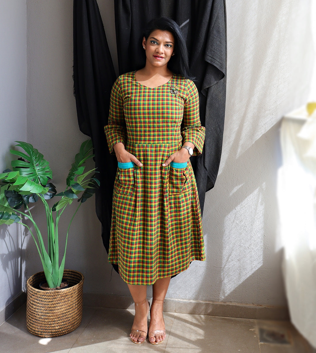 Green Multi Checkered Handloom Cotton Midi Dress with Embroidery