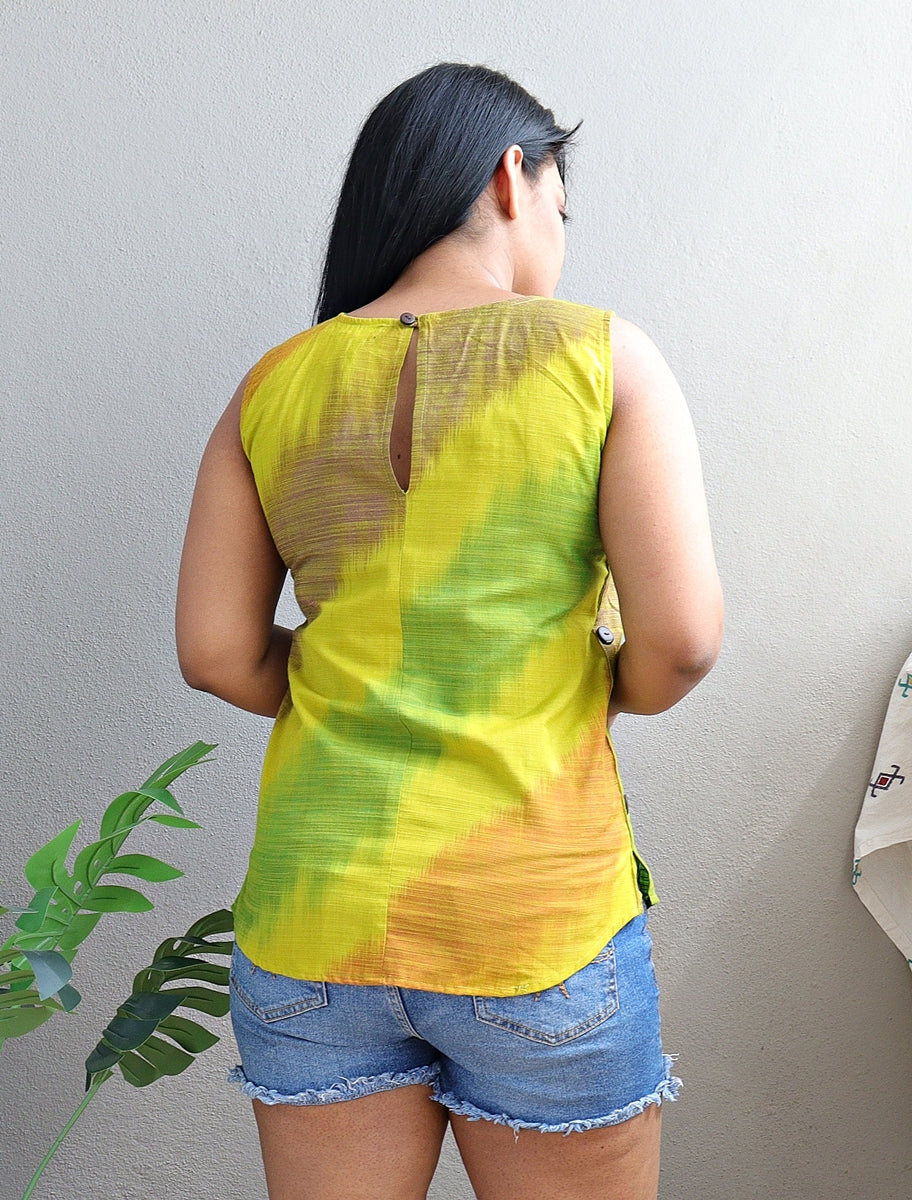 Green Ikat Cotton Silk Top With Side Buttons