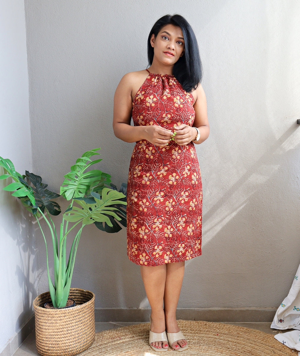 Azalia Red Floral Hand Block Printed Handloom Cotton Halter neck Dress –  Madhurima Bhattacharjee