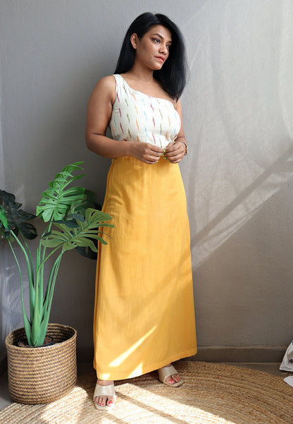 One Shoulder Yellow Ikat Maxi Dress