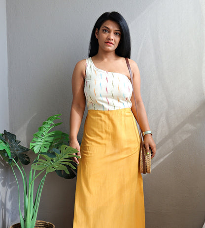 One Shoulder Yellow Ikat Maxi Dress