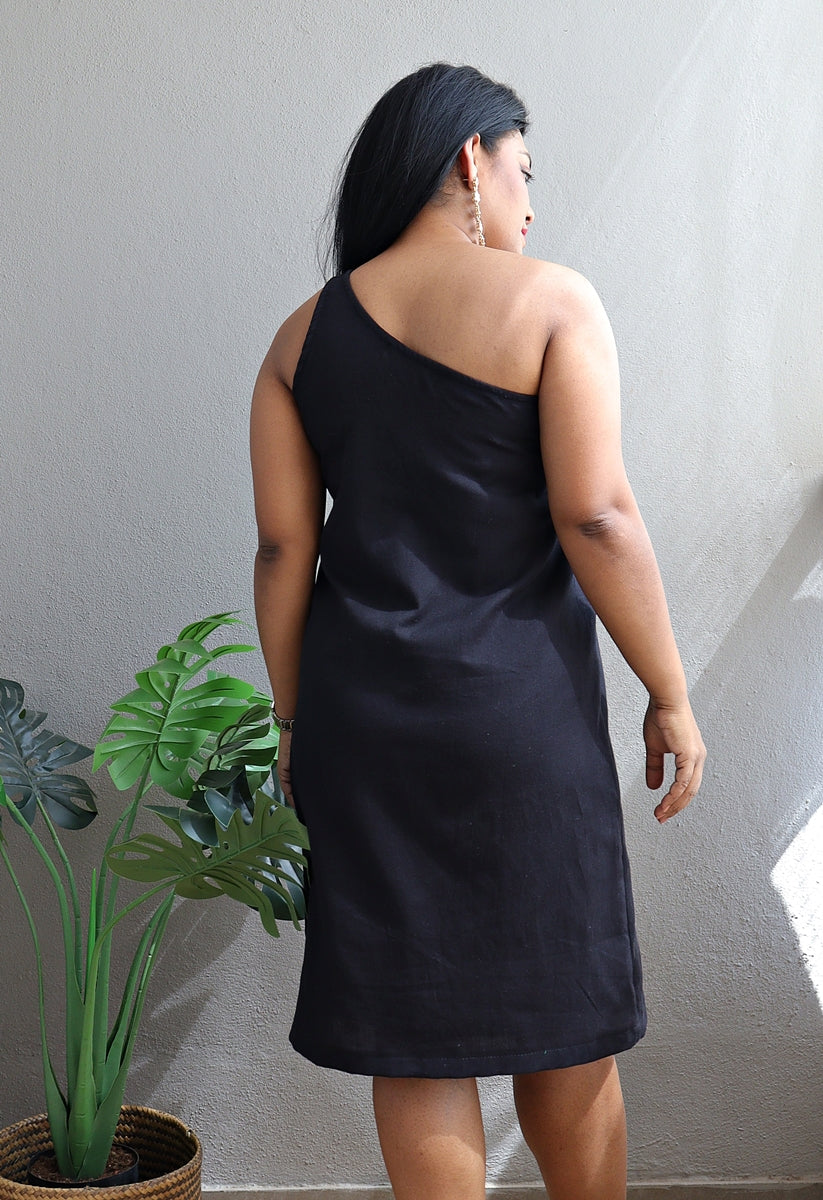 Black Handloom Cotton One Shoulder Shift Dress