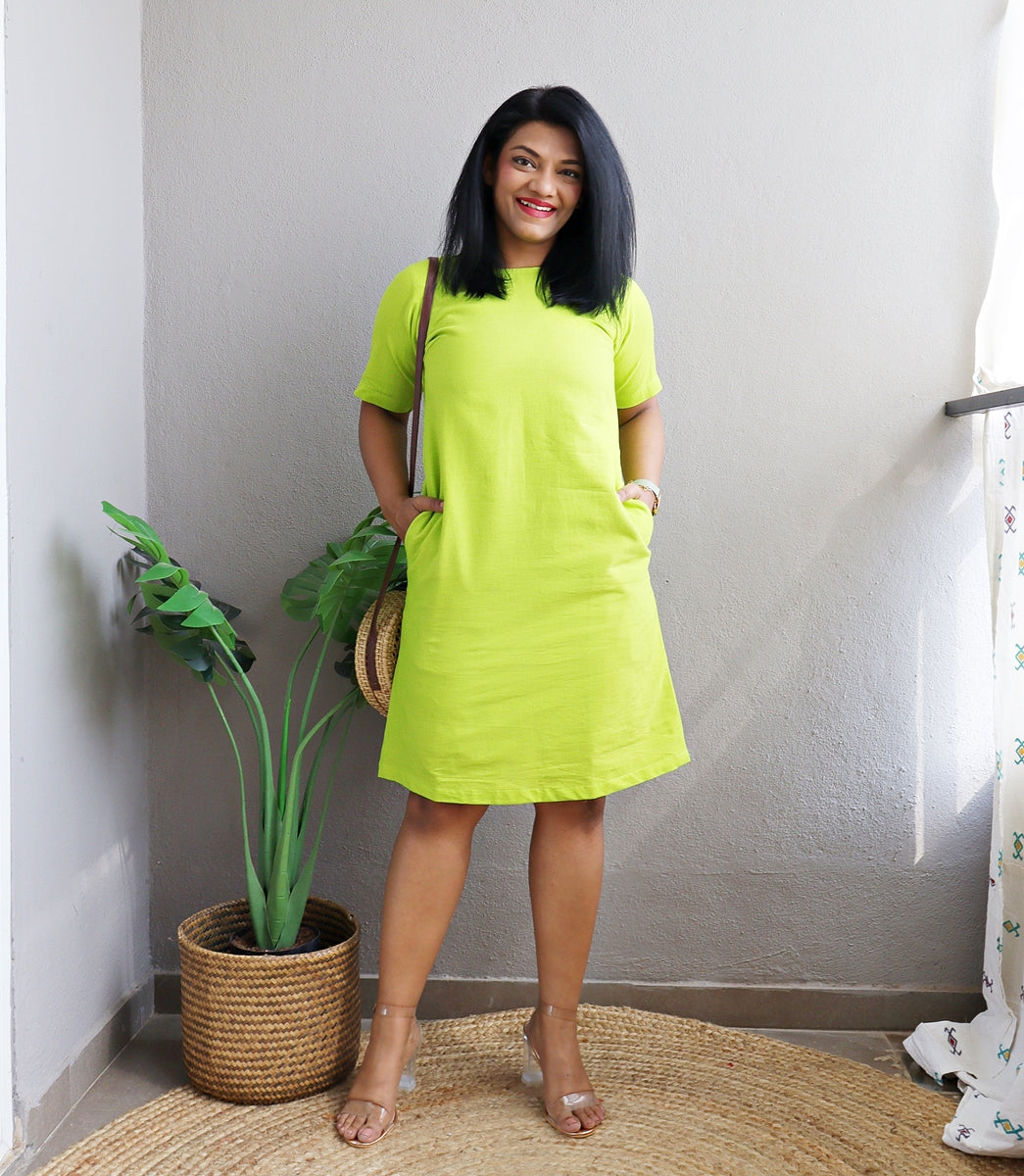 Neon Green Handloom Cotton Shift Dress Neon Green Handloom Cotton Shift Dress