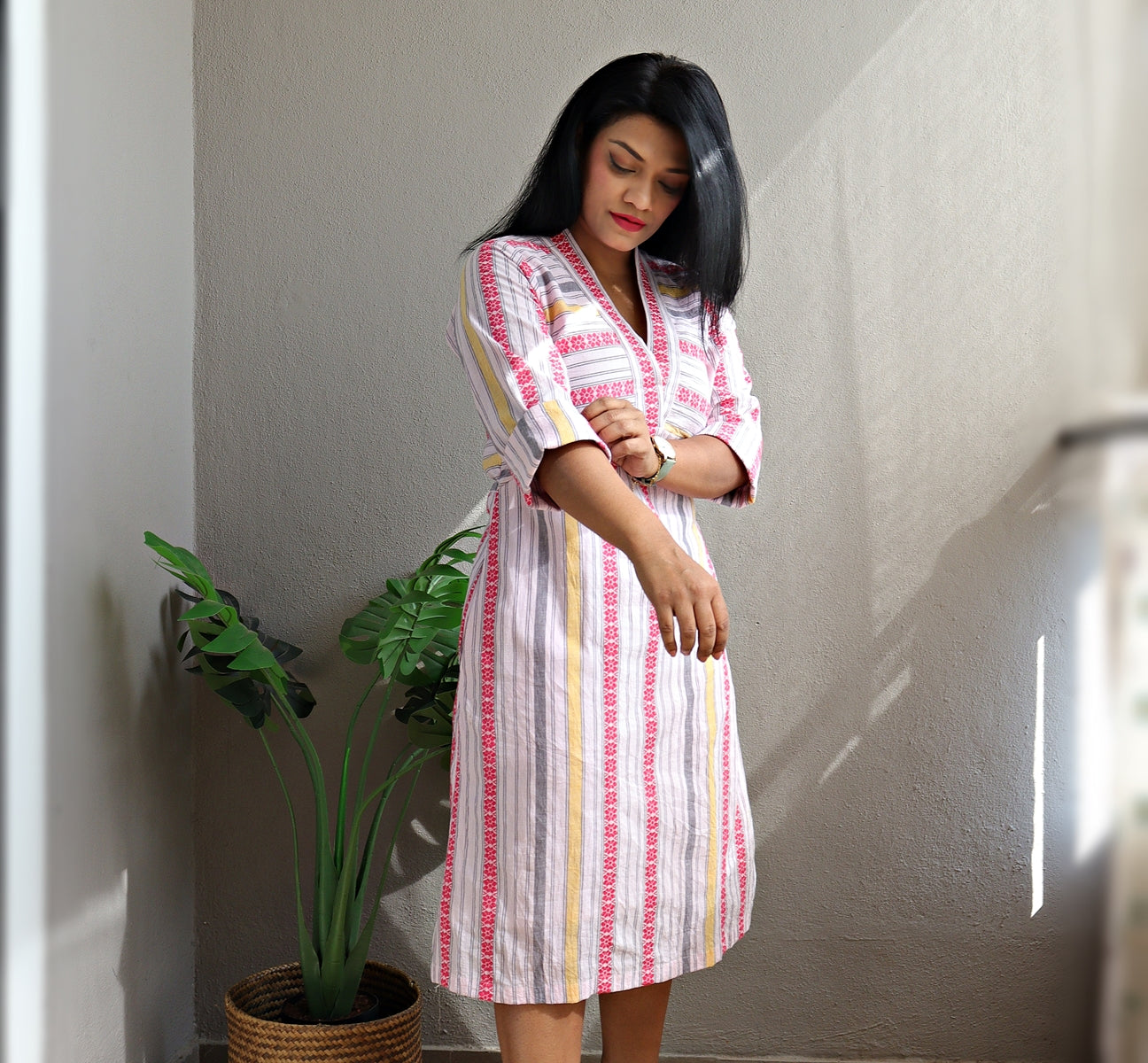 Dahlia White and Pink Woven A line Handloom Cotton Dress