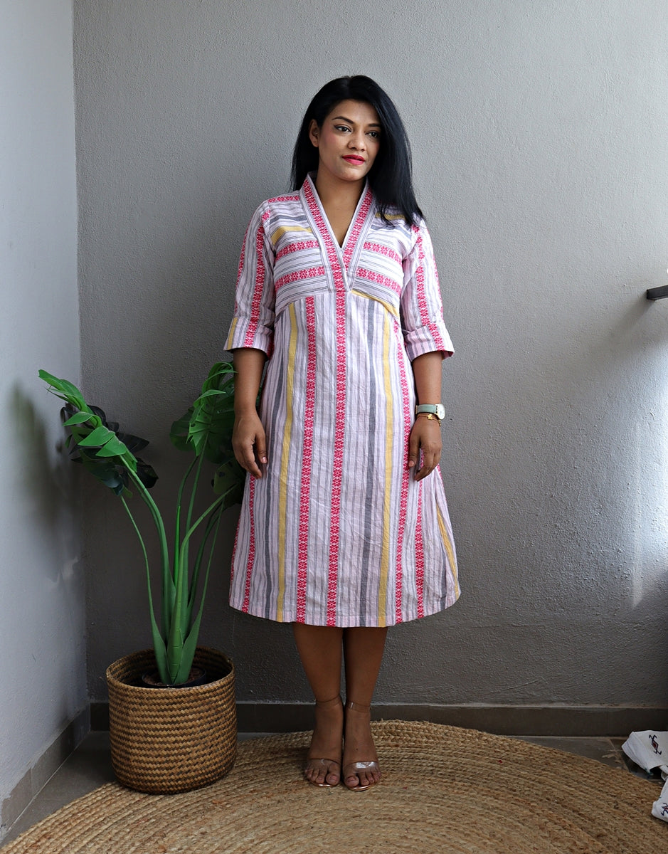 Dahlia White and Pink Woven A line Handloom Cotton Dress