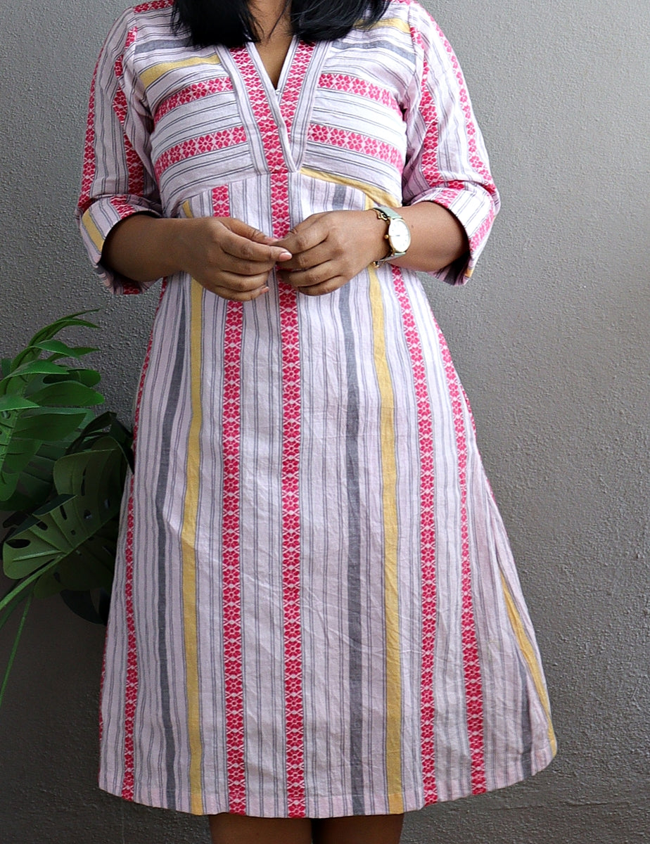 Dahlia White and Pink Woven A line Handloom Cotton Dress