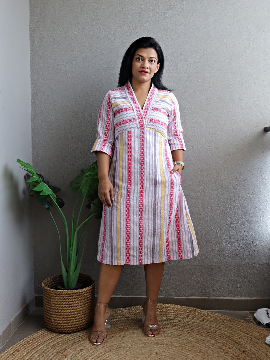 Dahlia White and Pink Woven A line Handloom Cotton Dress