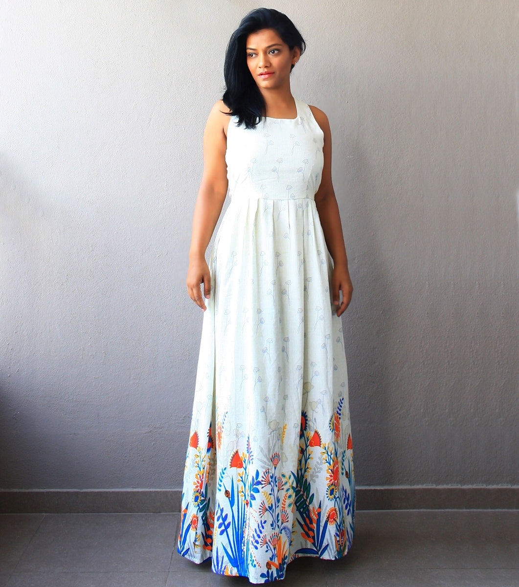 Off White Maxi Dress with Floral Border