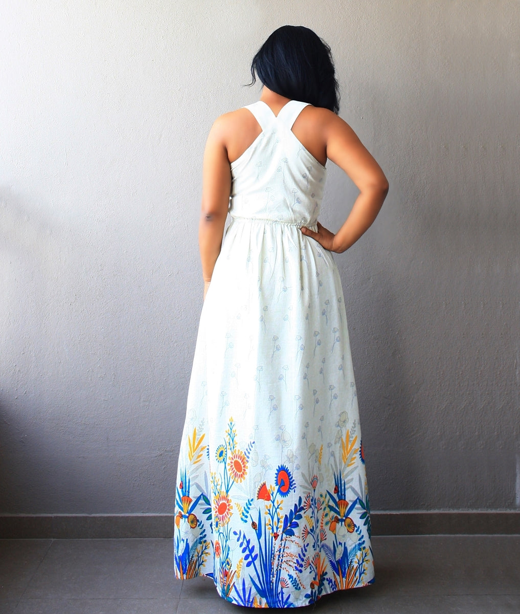 Off White Maxi Dress with Floral Border