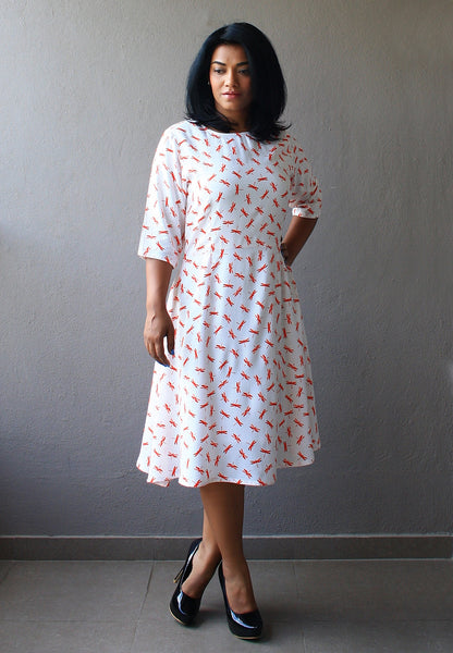 Off White Fire Fly Printed Fit and Flare Dress
