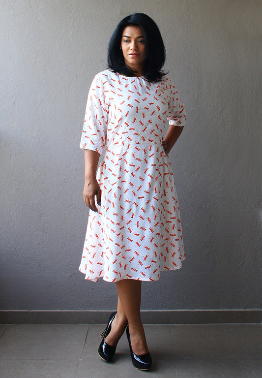 Off White Fire Fly Printed Fit and Flare Dress