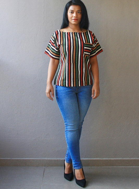 Multi Stripped Handloom Cotton Kimono Top