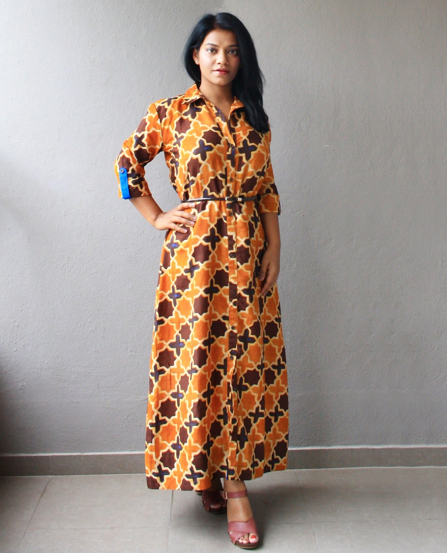 Mustard and Brown Cotton Maxi Dress with Belt