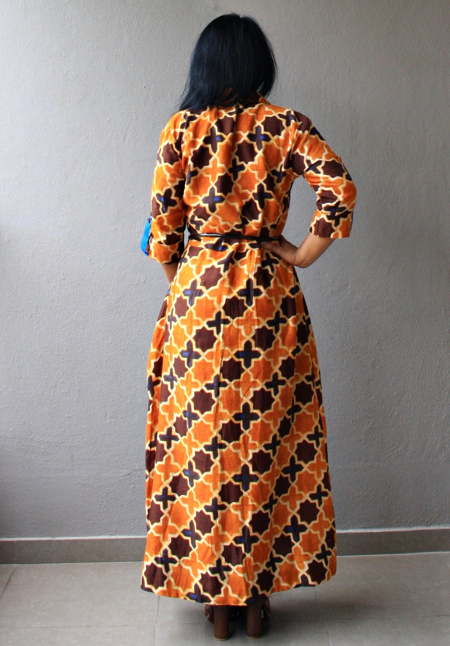 Mustard and Brown Cotton Maxi Dress with Belt