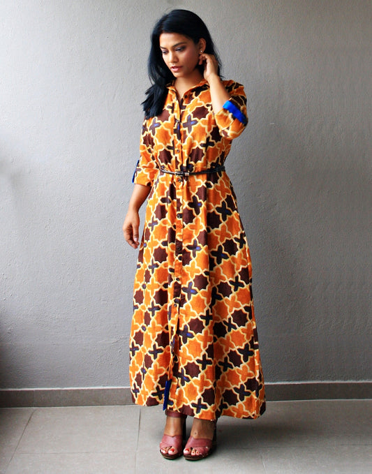 Mustard and Brown Cotton Maxi Dress with Belt