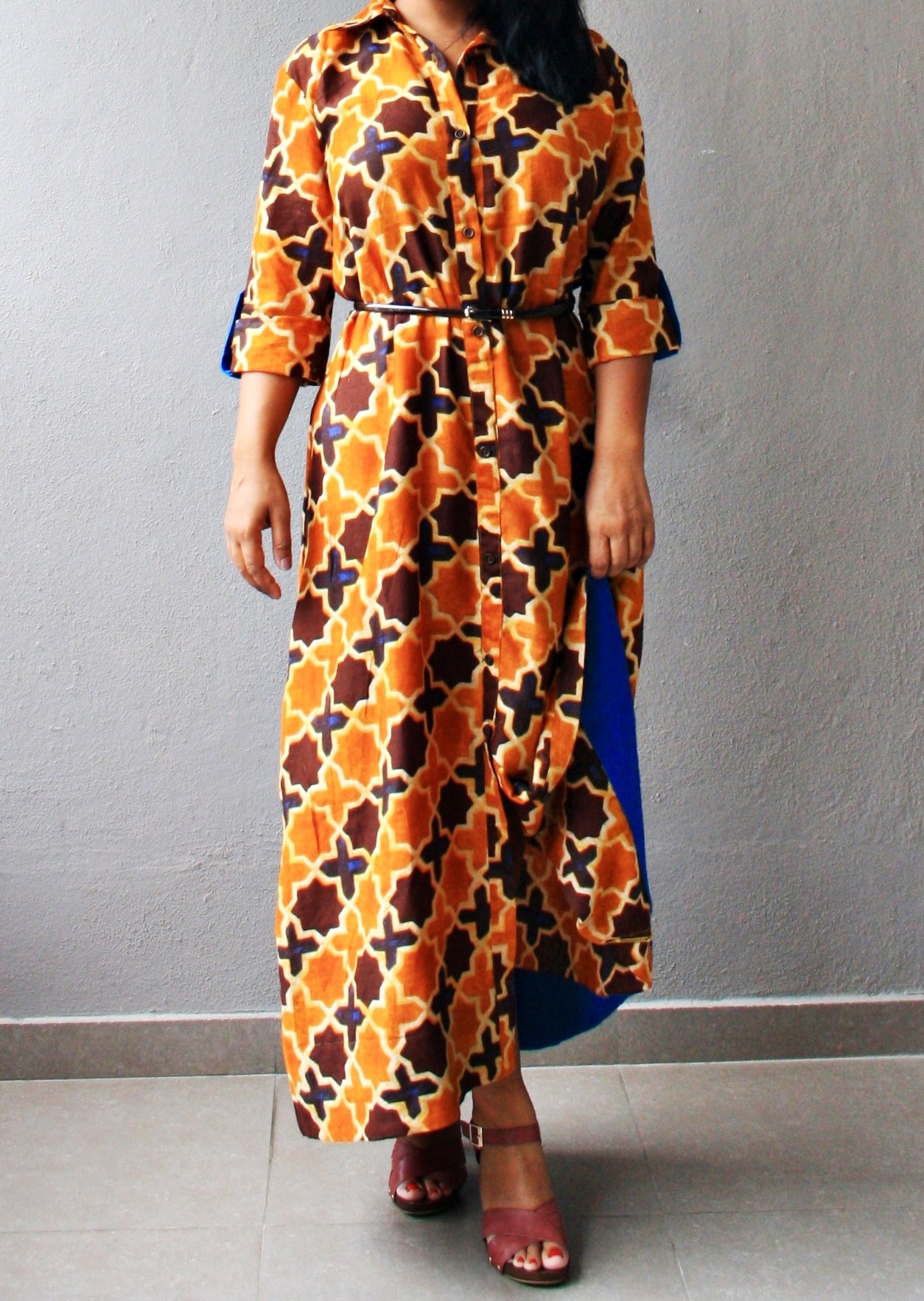 Mustard and Brown Cotton Maxi Dress with Belt