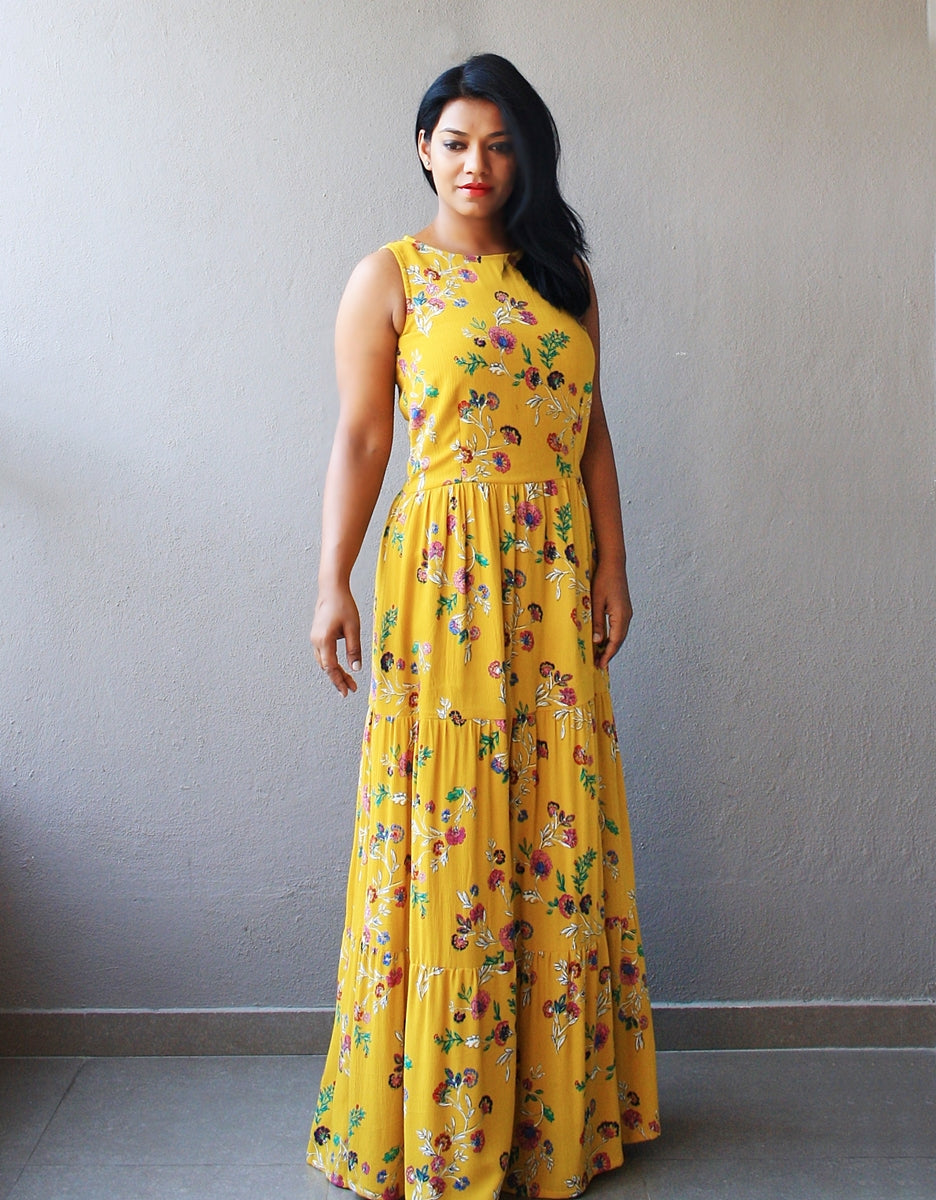 Mustard Floral Printed Tiered Maxi Dress