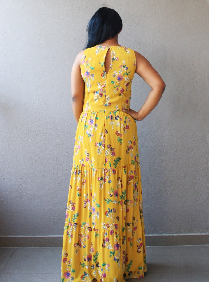 Mustard Floral Printed Tiered Maxi Dress